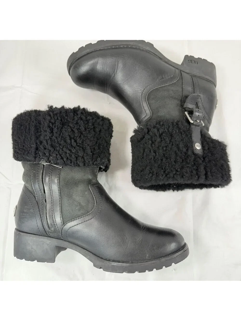UGG Black Bellevue 1914 Leather Shearling Zip Fold Over Moto Boots Sz 6